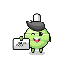 the mascot of the lollipop holding a banner that says thank you