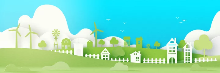 Poster Im Rahmen Green eco friendly and save energy concept design.Urban countryside and city village of environment conservation paper art style. © Man As Thep