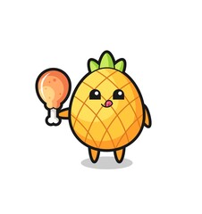 pineapple cute mascot is eating a fried chicken