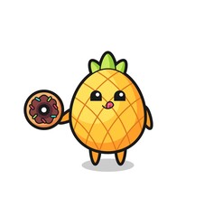 illustration of an pineapple character eating a doughnut