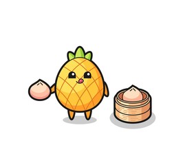 cute pineapple character eating steamed buns