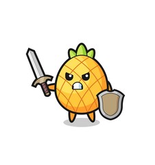 cute pineapple soldier fighting with sword and shield