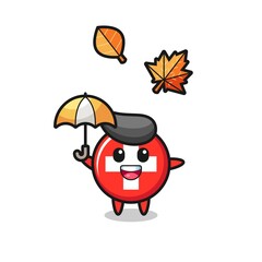 cartoon of the cute switzerland flag badge holding an umbrella in autumn