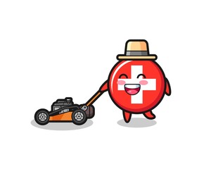 illustration of the switzerland flag badge character using lawn mower