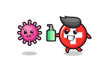 illustration of switzerland flag badge character chasing evil virus with hand sanitizer