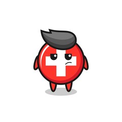 cute switzerland flag badge character with suspicious expression