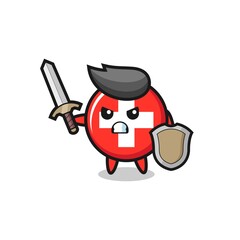 Obraz premium cute switzerland flag badge soldier fighting with sword and shield