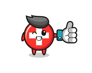 cute switzerland flag badge with social media thumbs up symbol