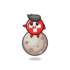 illustration of switzerland flag badge cartoon sitting on the moon