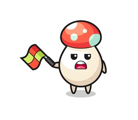 mushroom cartoon as the line judge hold the flag up at a 45 degree angle