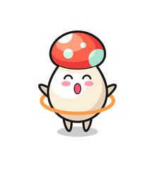 cute mushroom cartoon is playing hula hoop
