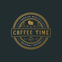 Coffee shop logo with analog watch emblem premium quality gold color in vintage, retro style