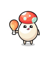 mushroom cute mascot is eating a fried chicken