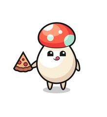 cute mushroom cartoon eating pizza