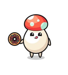 illustration of an mushroom character eating a doughnut