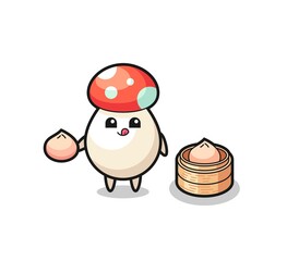 cute mushroom character eating steamed buns