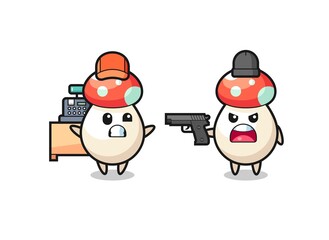 illustration of the cute mushroom as a cashier is pointed a gun by a robber