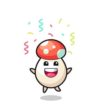 happy mushroom mascot jumping for congratulation with colour confetti