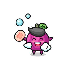 plum fruit character is bathing while holding soap