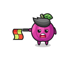 plum fruit character as line judge hold the flag straight horizontally