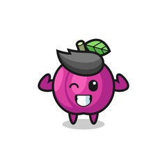 the muscular plum fruit character is posing showing his muscles