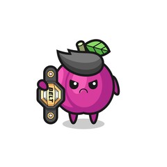 plum fruit mascot character as a MMA fighter with the champion belt