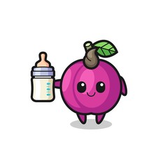 baby plum fruit cartoon character with milk bottle