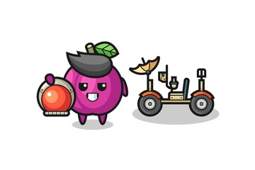 Naklejka premium the cute plum fruit as astronaut with a lunar rover