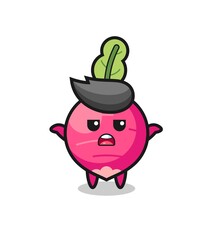 radish mascot character saying I do not know
