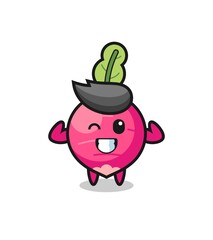 the muscular radish character is posing showing his muscles