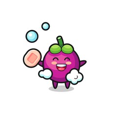 mangosteen character is bathing while holding soap