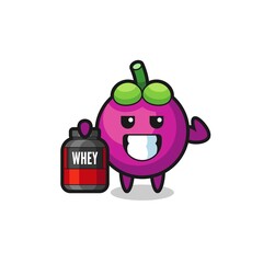 the muscular mangosteen character is holding a protein supplement