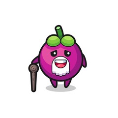 cute mangosteen grandpa is holding a stick