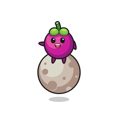 illustration of mangosteen cartoon sitting on the moon