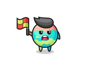 Fototapeta premium bath bombs character as line judge putting the flag up