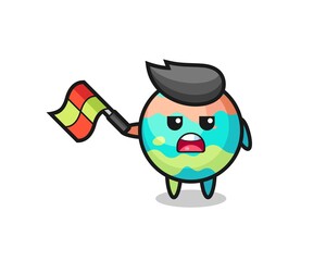 bath bombs cartoon as the line judge hold the flag up at a 45 degree angle