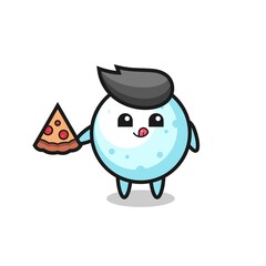 cute snow ball cartoon eating pizza