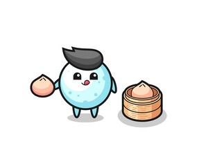 cute snow ball character eating steamed buns