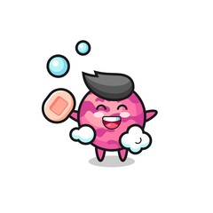 ice cream scoop character is bathing while holding soap