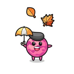 cartoon of the cute ice cream scoop holding an umbrella in autumn