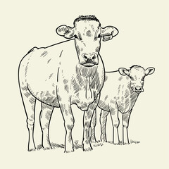Vintage hand drawn two cattle wagyu