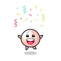happy meatbun mascot jumping for congratulation with colour confetti