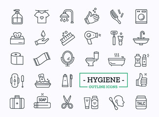 Vector hygiene thin line icons. Washing and cleaning elements for website.