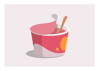 Ice cream cup with wooden spoon, simple flat illustration.