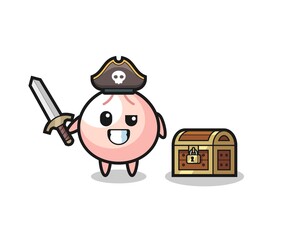 Naklejka premium the meatbun pirate character holding sword beside a treasure box