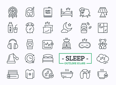 Vector insomnia thin line icons design. Outline Symbols of sleeping for Website. 