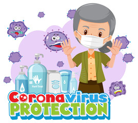 Coronavirus Protection banner with old woman cartoon character and sanitizer