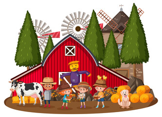 Farmer house with many children and farm animals on white background
