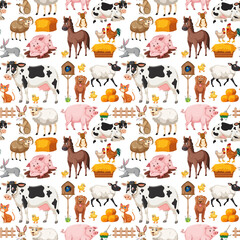 Seamless pattern with cute farm animals on white background