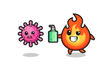 illustration of fire character chasing evil virus with hand sanitizer